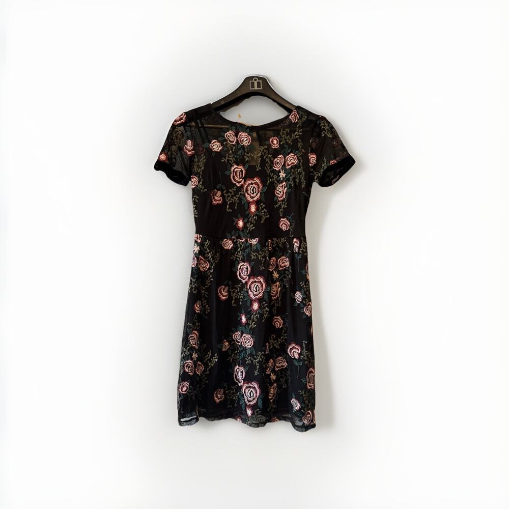 Black 4 Floral Dress Y2k Mesh Sleeves Whimsigoth Fairy Grunge Lined Embroidered